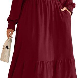 Women's Plus Size Fall Long Sleeve Floral Print Maxi Dress with Pockets